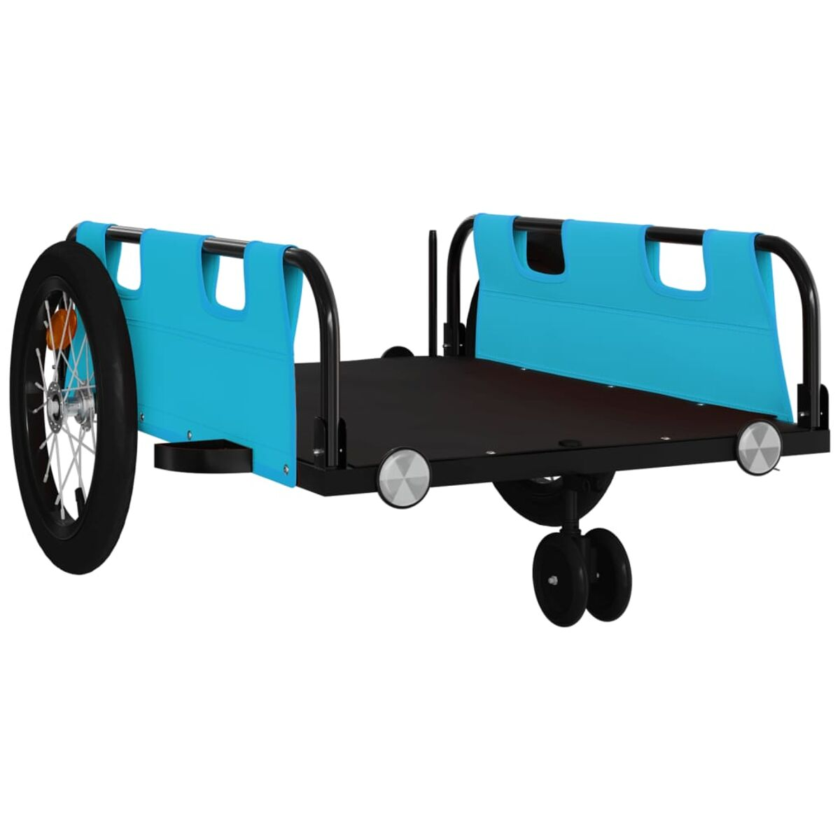 Ein schwarz-blauer Fahrradanhänger mit einem Rad und zwei kleinen Rädern.