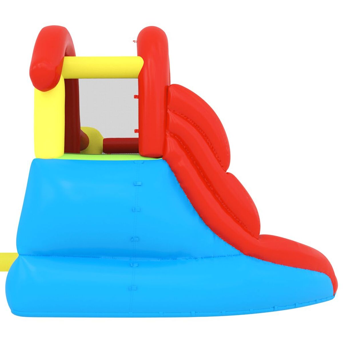 Eine bunte aufblasbare Rutsche mit roten, blauen, gelben und transparenten Netzabschnitten.