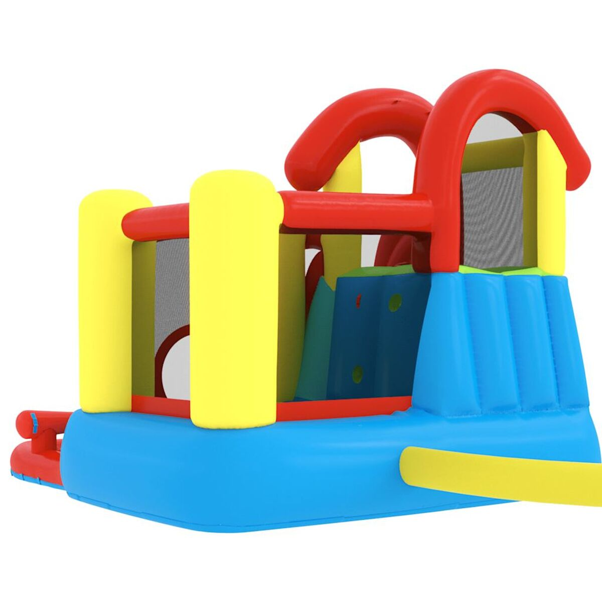 Aufblasbarer Spielplatz mit roten Bögen, gelben Säulen, blauem Sockel und einem Kletternetzbereich.