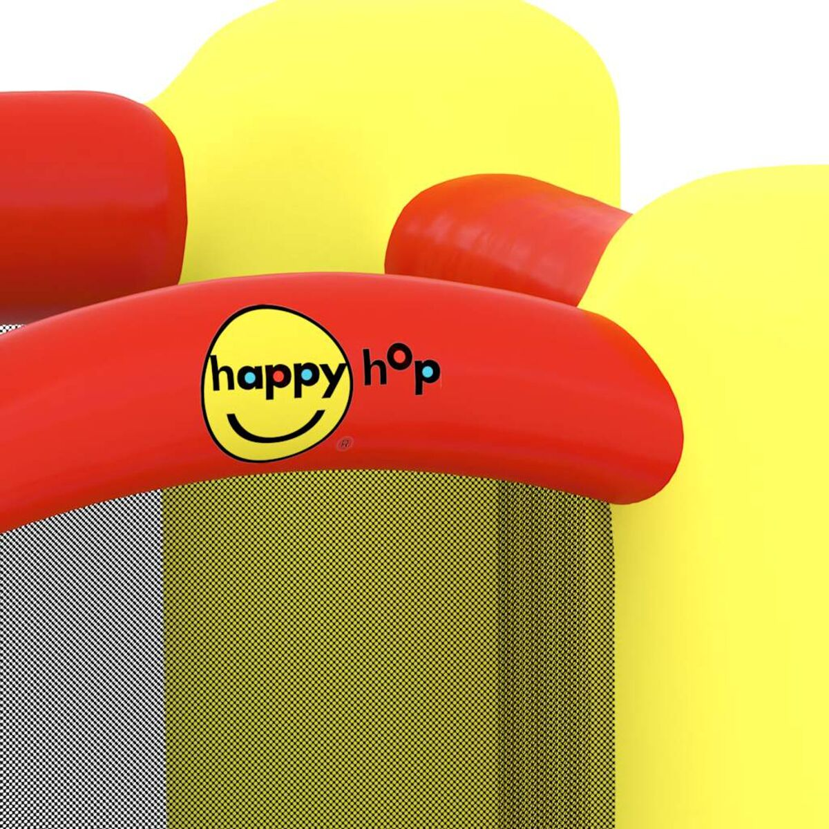 Nahaufnahme eines roten und gelben aufblasbaren Hüpfhauses mit 'happy hop' Logo.