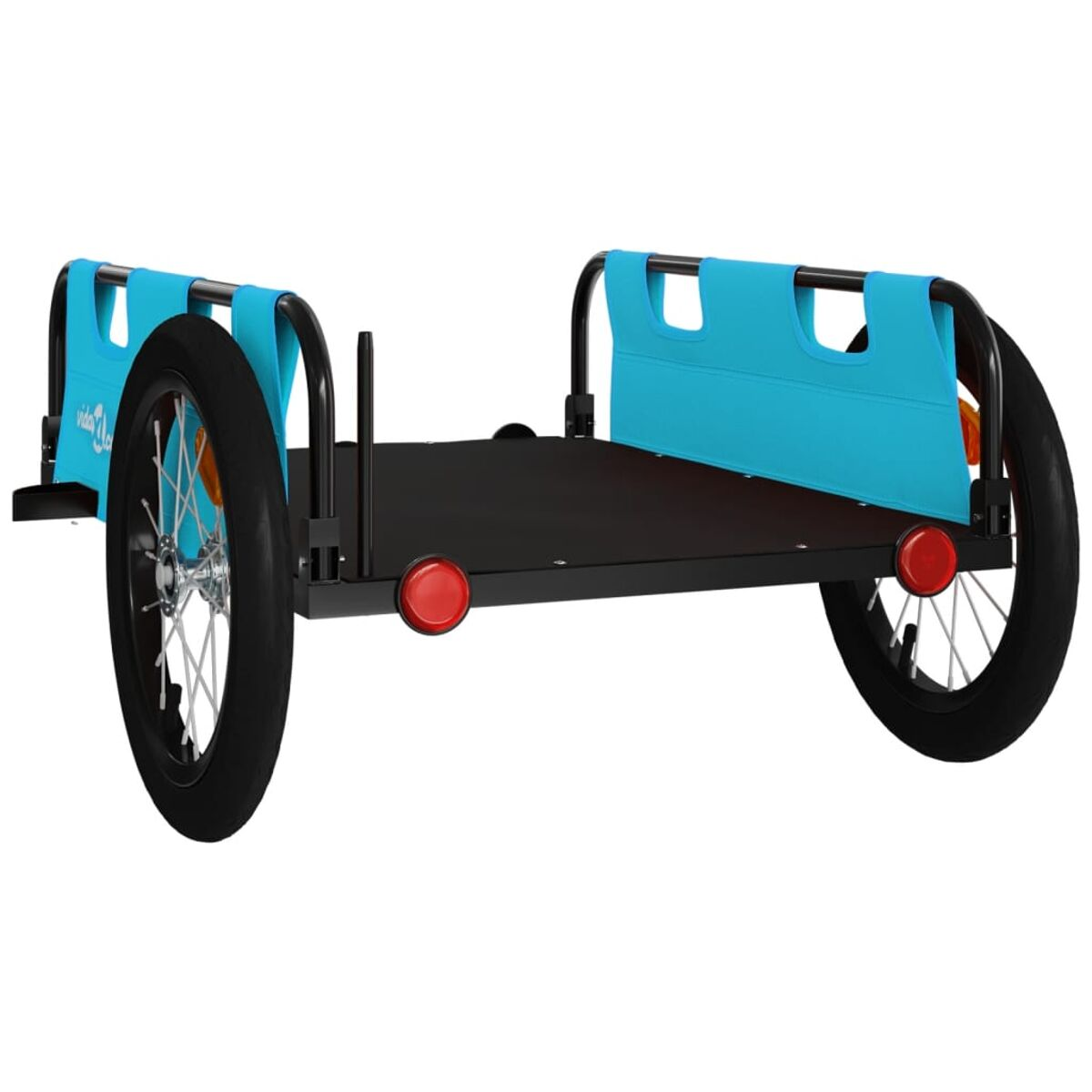 Schwarzer Fahrradanhänger mit zwei Rädern und blauen Stoffseiten.