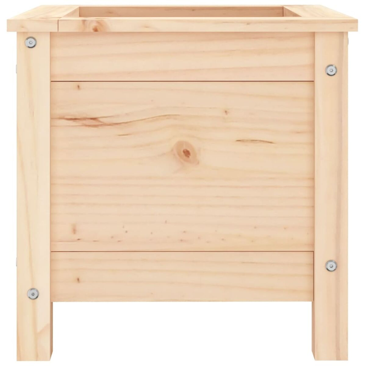 Eine quadratische Holz-Pflanzkasten. Der Hintergrund ist weiß.