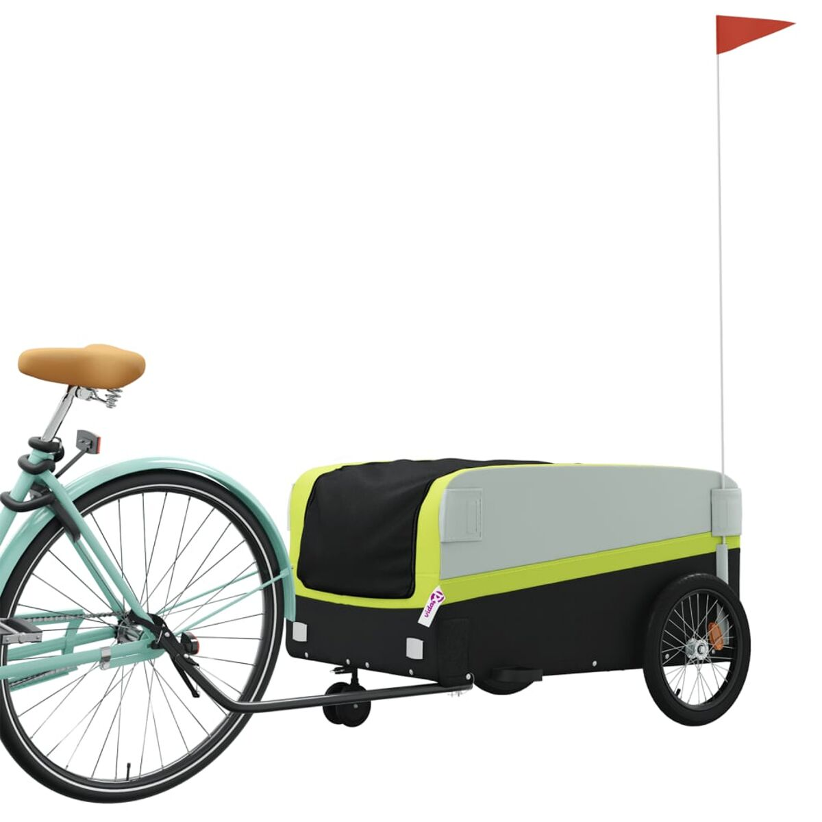 Fahrrad mit Hundeanhänger. Anhänger grau/schwarz mit roter Fahne. Grünes Fahrrad.