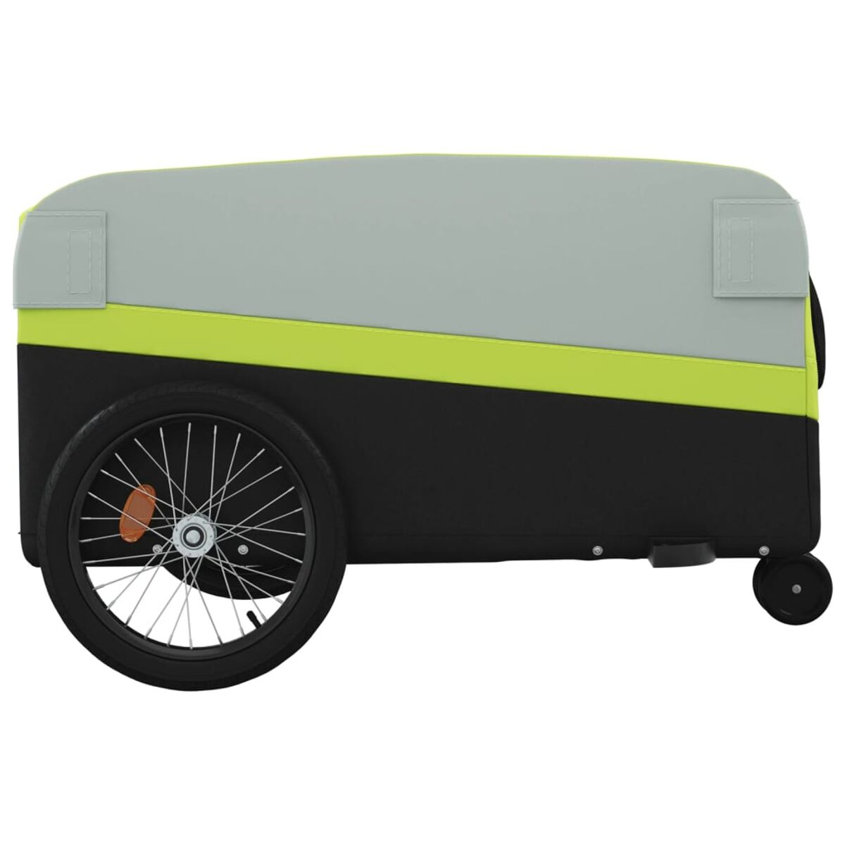 Seitenansicht eines zweirädrigen Fahrradanhängers. Der Anhänger ist grau, schwarz und grün.