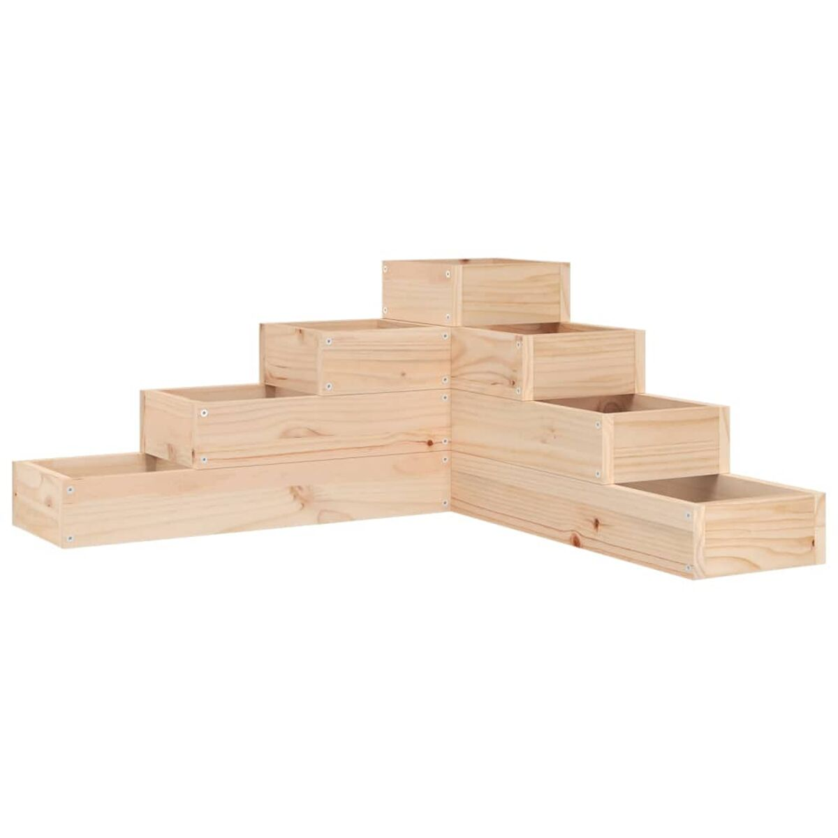 Holzkisten stufenweise angeordnet, wodurch eine Anzeige entsteht.