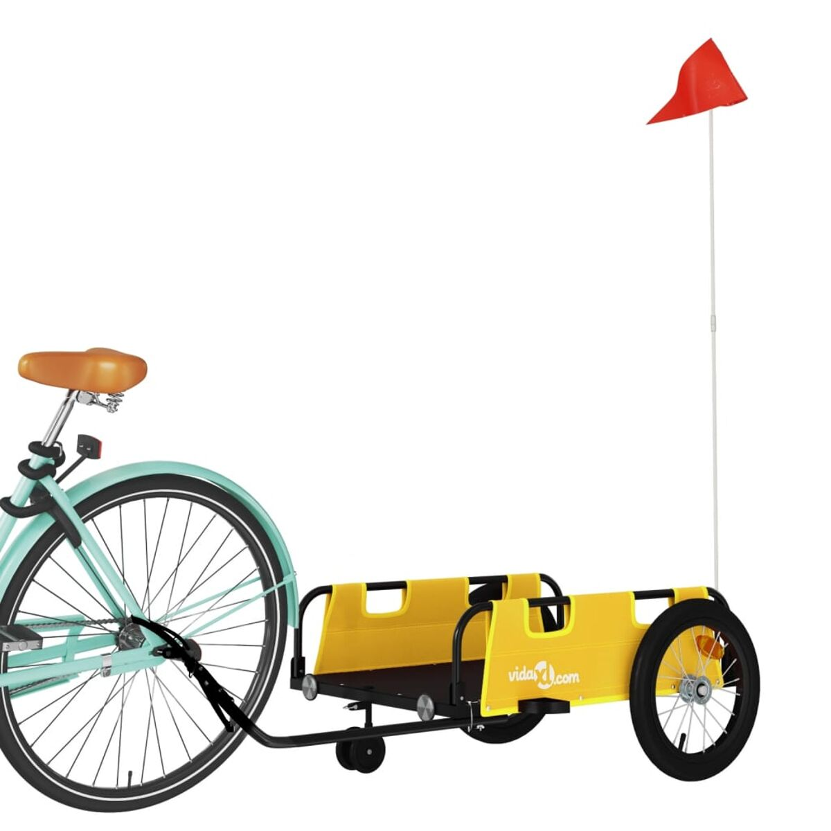 Ein türkisfarbenes Fahrrad, das mit einem gelben und schwarzen Fahrradanhänger mit roter Flagge verbunden ist.