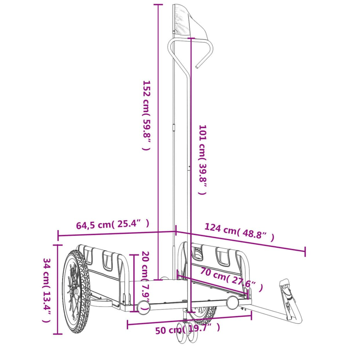 Diagramm eines Anhängers mit Bemaßungen in cm und Zoll.