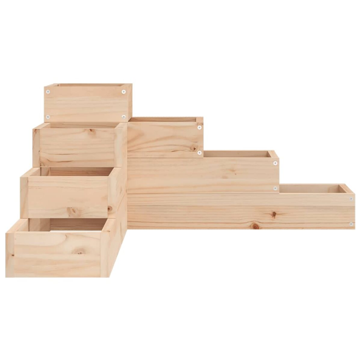 Holztreppenboxen in verschiedenen Größen. Sie sind in einem Treppenmuster angeordnet.