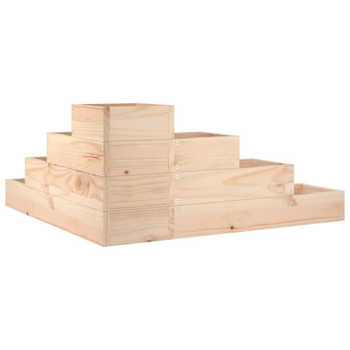Holzregale in Treppenmuster gestapelt. Hellbraunes Holz.