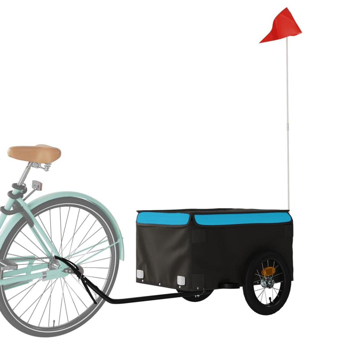 Fahrrad mit Anhänger. Der Anhänger ist schwarz und blau, mit einer roten Fahne.