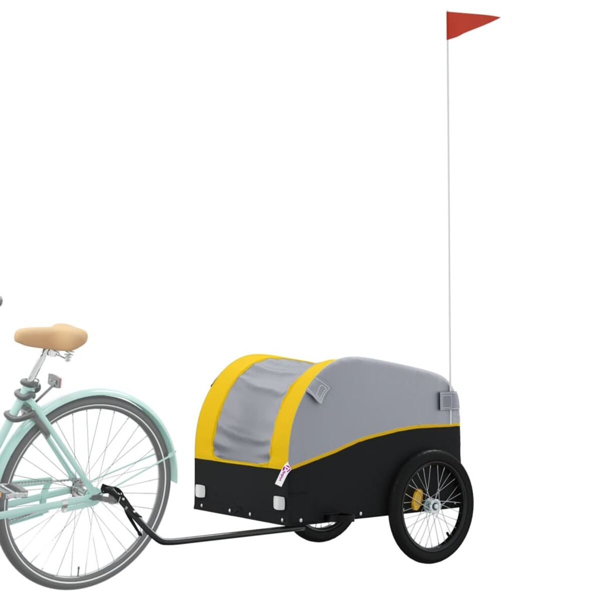 Fahrrad mit Anhänger, rote Fahne am Anhänger. Weißer Hintergrund.