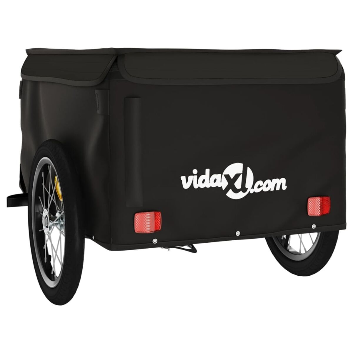 Rückansicht eines schwarzen Fahrradanhängers mit Logo. Weißer Hintergrund.
