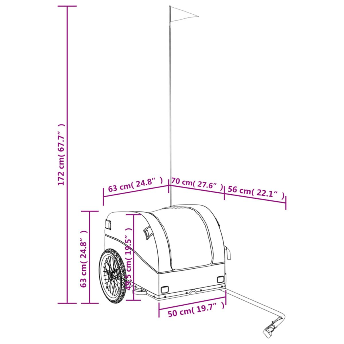 Ein Diagramm, das die Abmessungen eines Tieranhängers mit einer Flagge oben zeigt.