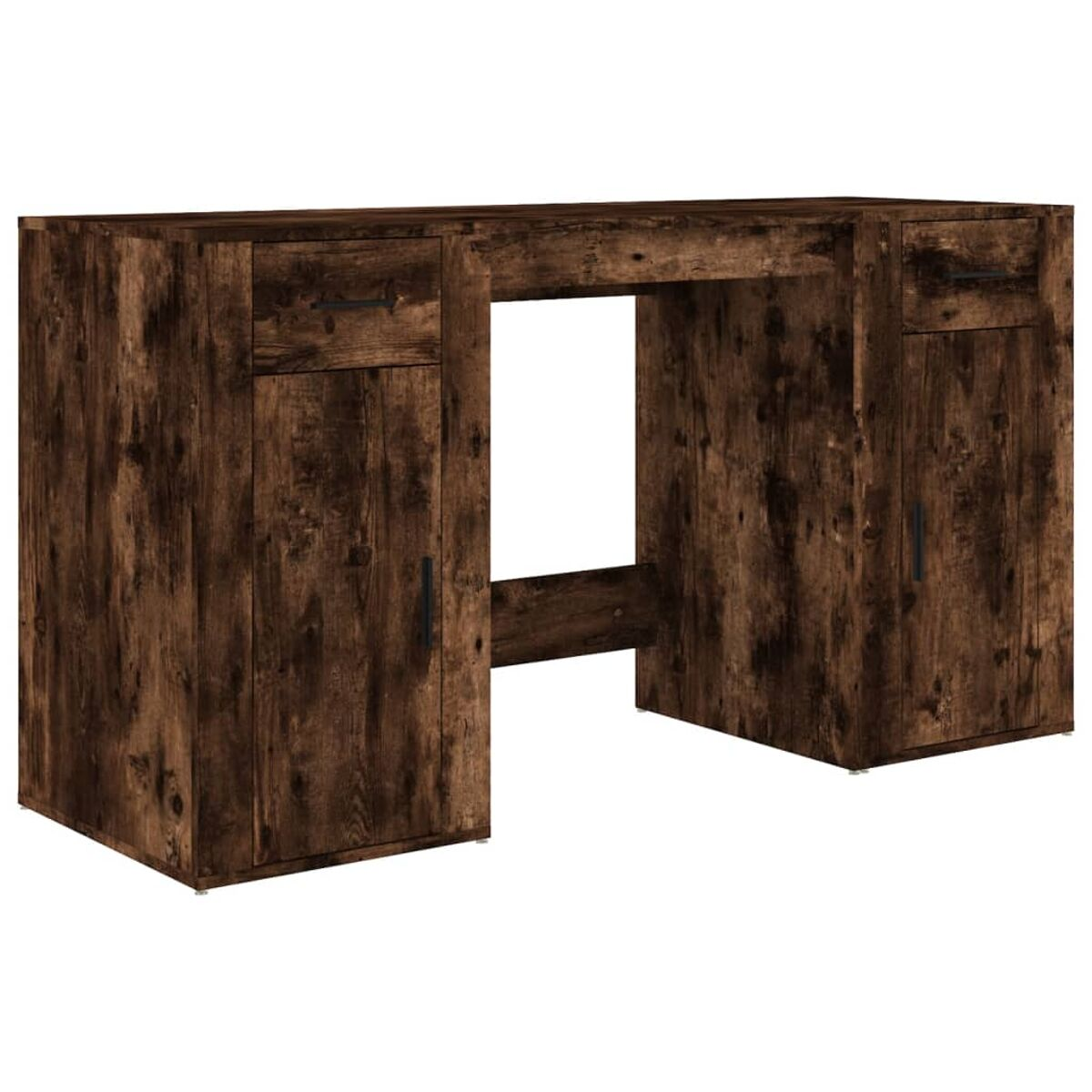 Dunkler Holzschreibtisch mit zwei Schubladen und Türen. Er hat einen zentralen offenen Bereich.