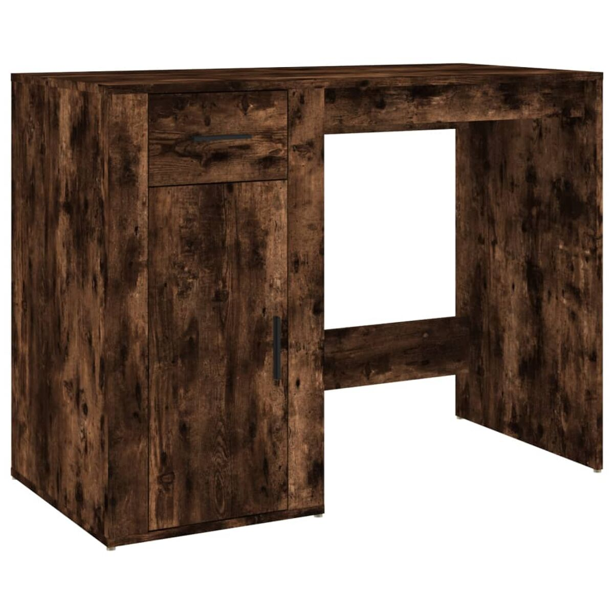 Brauner Holzschreibtisch mit Schublade und Schrank.