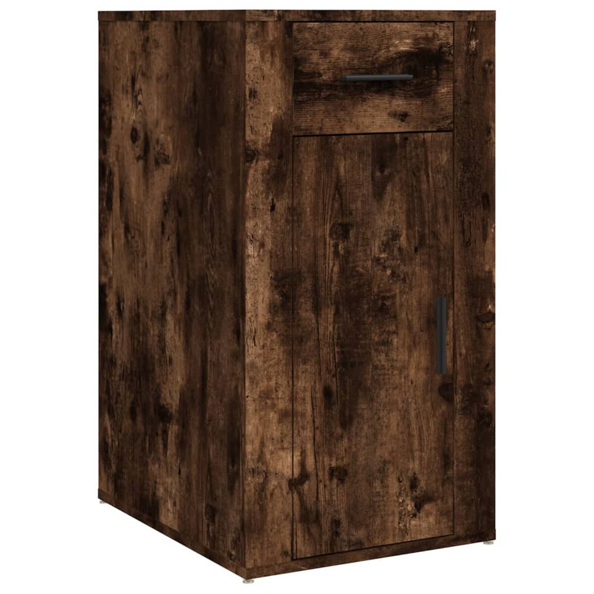 Dunkelbrauner Holzschrank mit Schublade und Tür. Er hat eine Holzmaserungstextur.