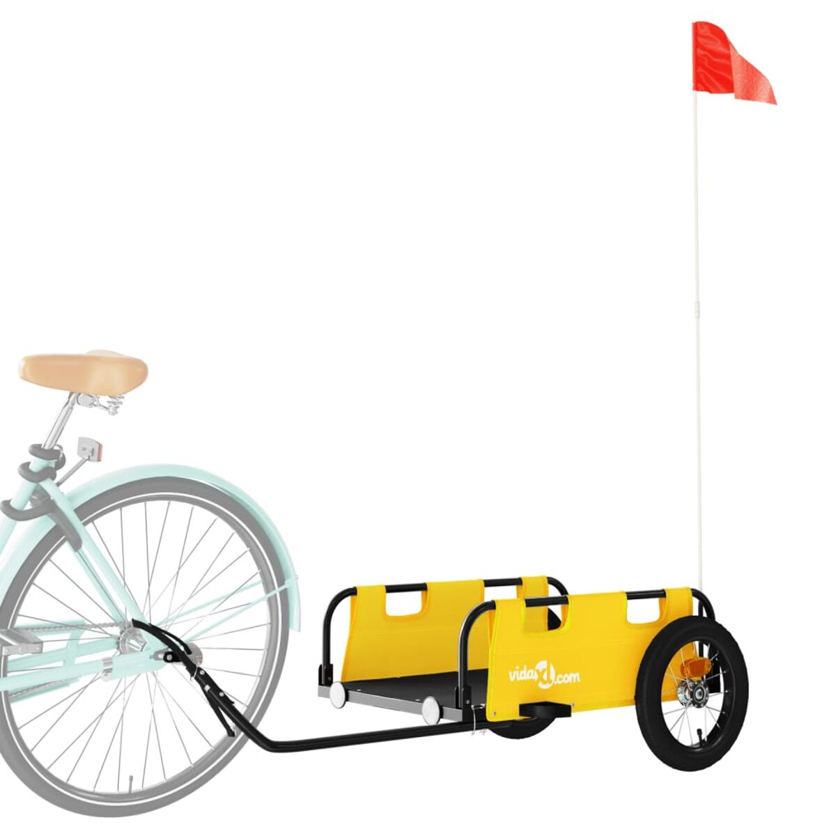 Ein Fahrradanhänger, gelb, mit einer roten Flagge, die an einem Fahrrad befestigt ist.