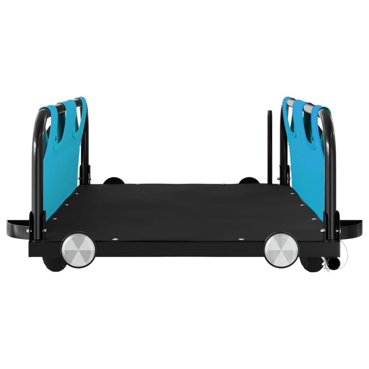 Ein schwarz-blauer Transportwagen auf Rädern. Es hat ein einfaches Design.
