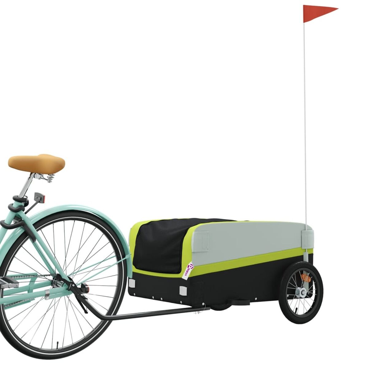 Fahrrad zieht Anhänger mit Fahne. Grünes Fahrrad, schwarzer und grauer Anhänger. Weißer Hintergrund.