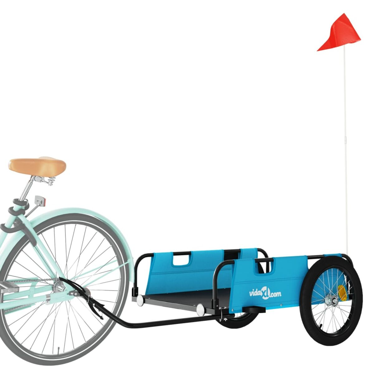Ein blauer Tieranhänger, der an einem Fahrrad mit roter Fahne befestigt ist.