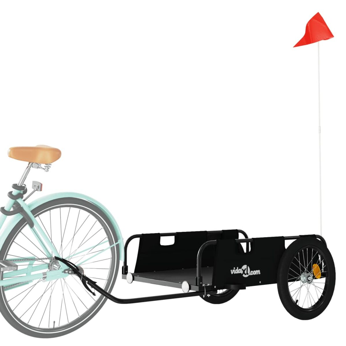 Ein Fahrrad mit einem schwarzen Anhänger. Der Anhänger hat eine Flagge und ein vidaxl.com-Logo.