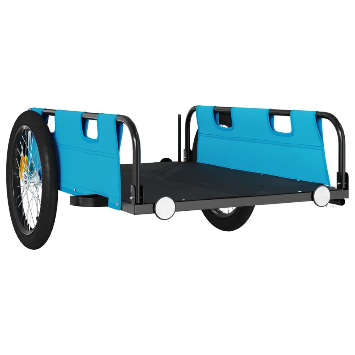Blauer und schwarzer Fahrradanhänger. Verfügt über eine schwarze Ladefläche, zwei Räder, Seitenschienen und ein einzelnes Rad.