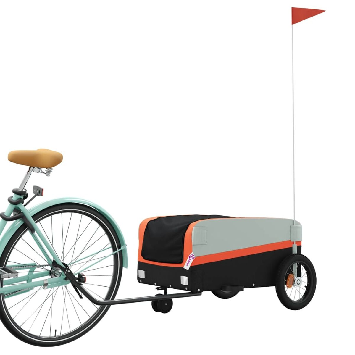 Ein Fahrrad, das mit einem Anhänger mit Fahne verbunden ist. Der Anhänger ist schwarz, grau und orange.
