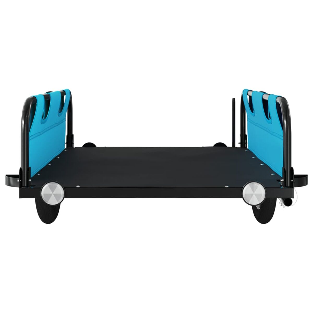 Fahrradanhänger-Basis. Schwarze Farbe. Zwei Räder. Blaue Stoffstützen.