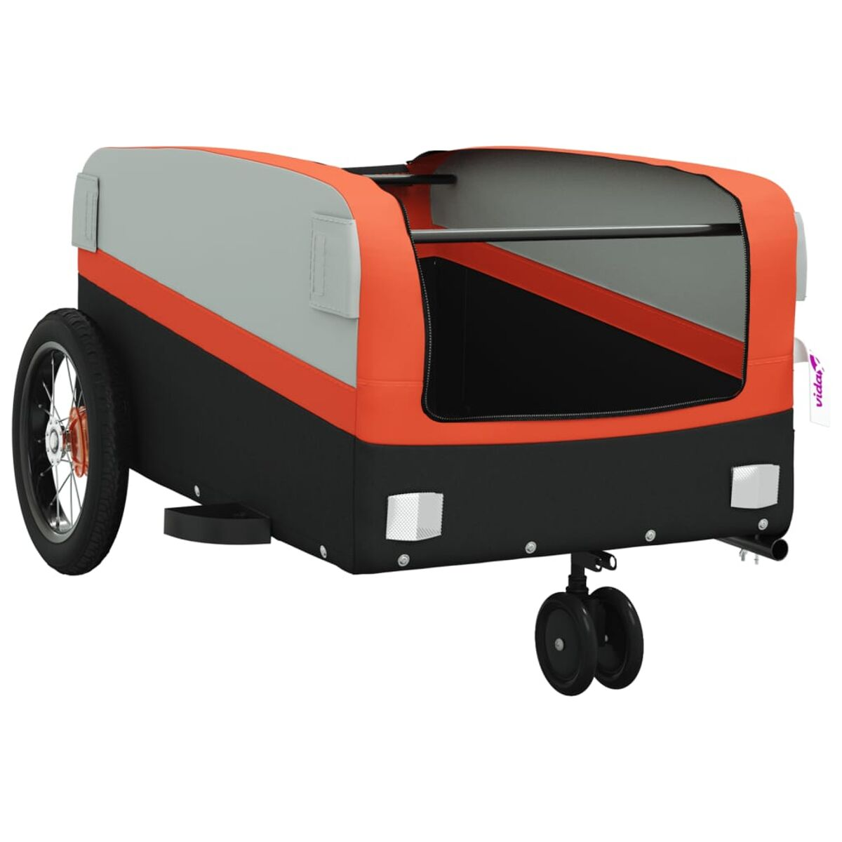 Ein Fahrradanhänger mit orange, schwarzem und grauem Design. Er hat zwei kleine Räder und ein großes Rad.
