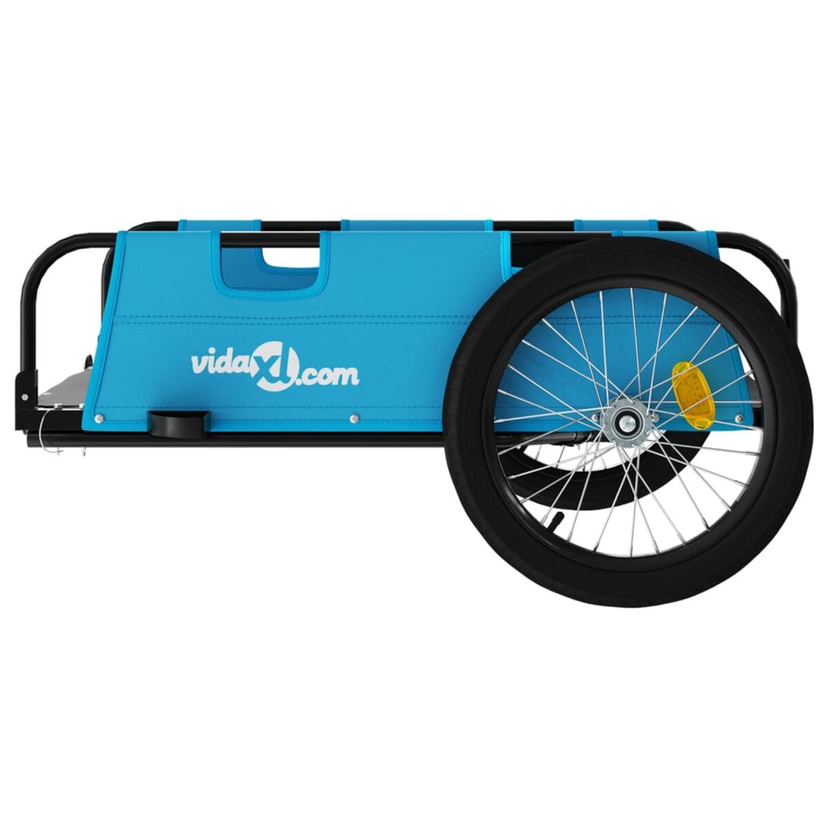 Blauer Fahrradanhänger mit schwarzem Rad. Der Anhänger hat das Logo vidaXL.com.