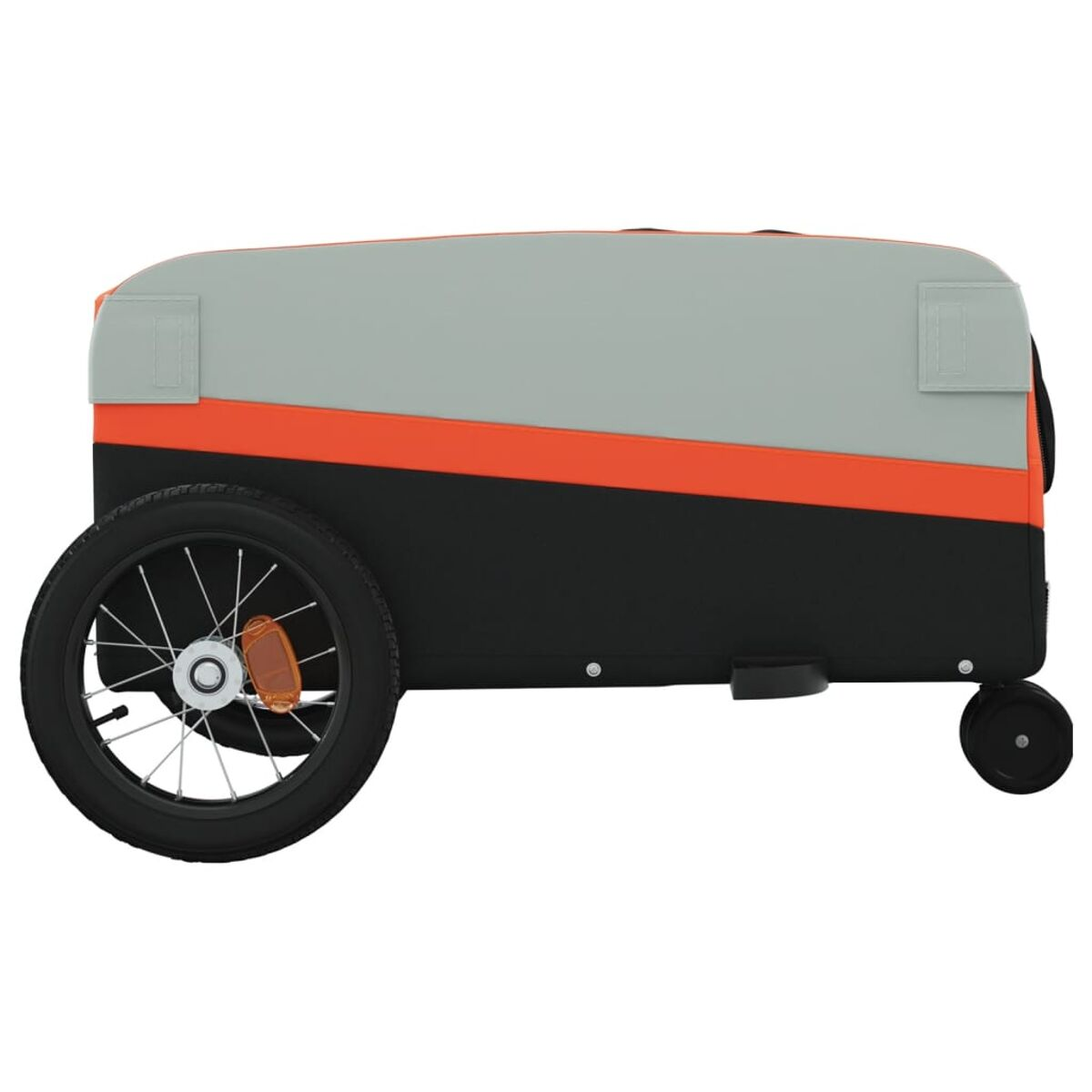 Ein grau-oranger Fahrradanhänger mit einem Rad und einem kleinen Rad.