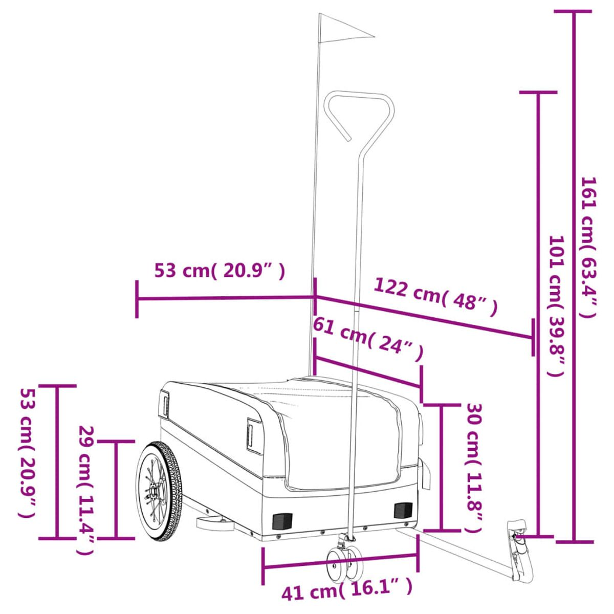 Diagramm mit Messungen eines schwarzen Wagens mit Flagge, zeigt Abmessungen in cm und Zoll.