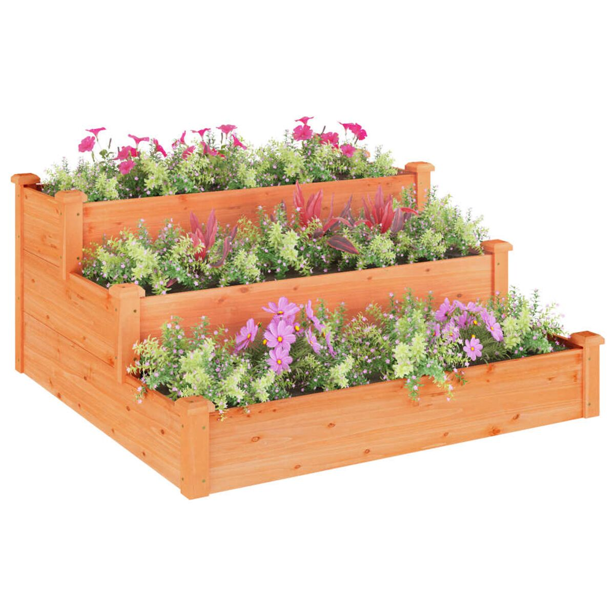 Gestufter Holzpflanzer mit Blumen. Der Pflanzer hat drei Ebenen mit Pflanzen.