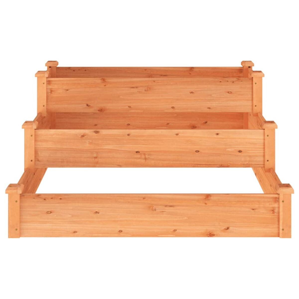 Pflanzkasten aus Holz mit drei Ebenen. Helle Holzfarbe. Weißer Hintergrund.
