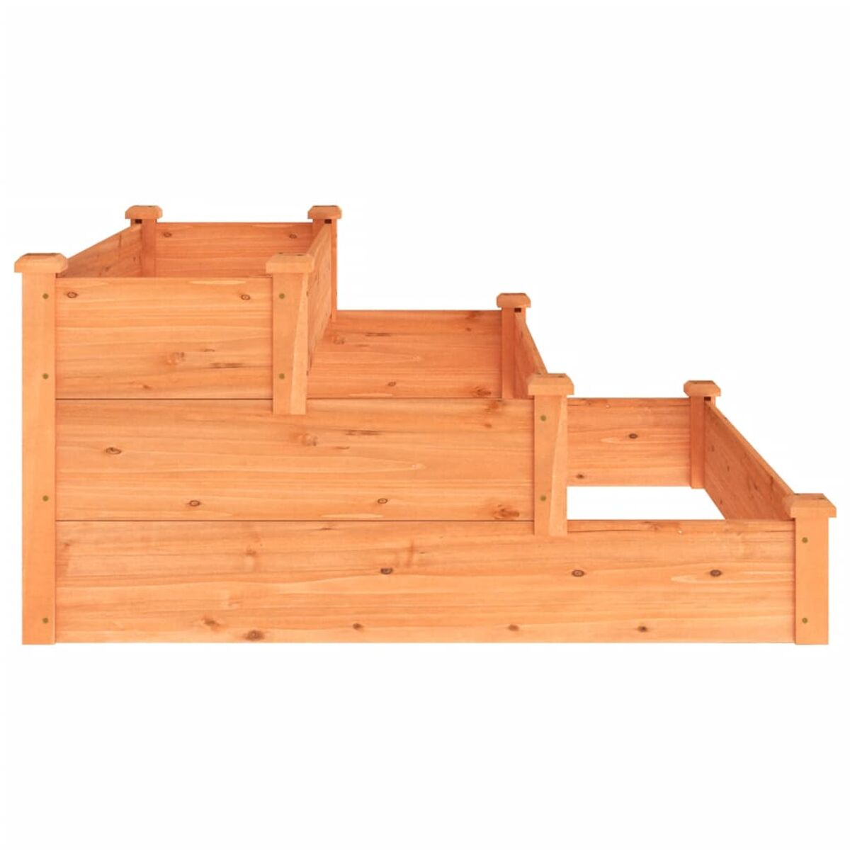 Mehrstufiger Pflanzkasten aus Holz. Drei Ebenen, hellbraunes Holz, mit Stufen, isoliert auf weißem Hintergrund.