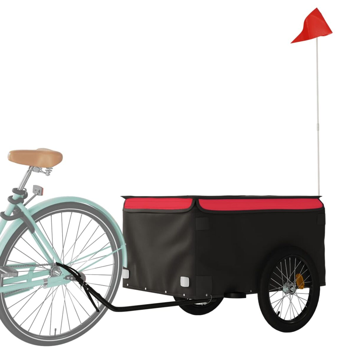 Fahrrad mit Anhänger. Der Anhänger ist schwarz und rot. Er hat eine Flagge.