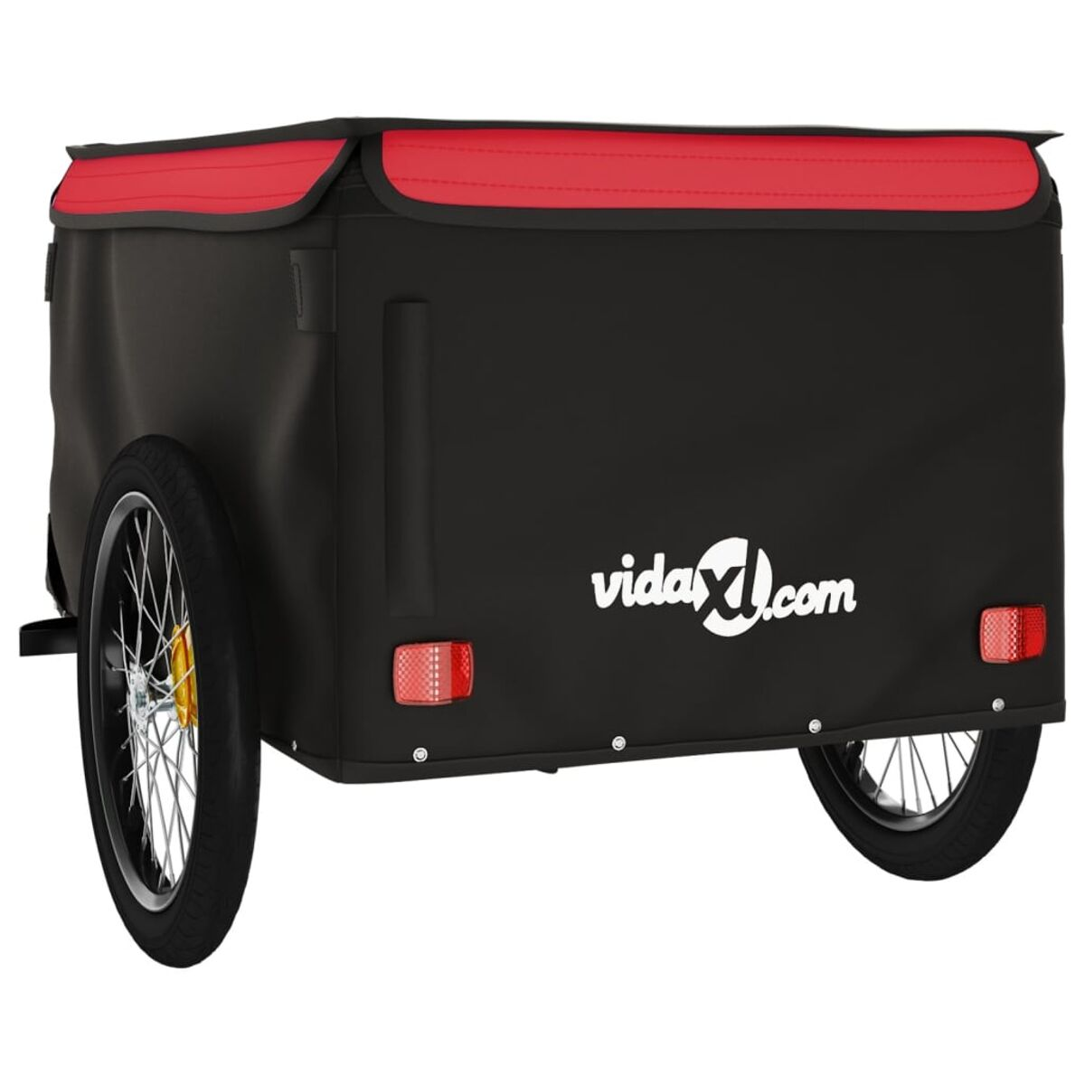 Schwarzer Cargo-Fahrradanhänger mit roter Verkleidung. Hat Räder und ein vidasxl.com-Logo.