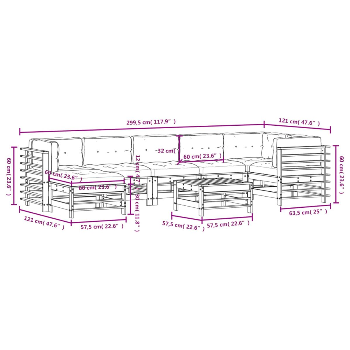 Ein Diagramm, das eine modulare Outdoor-Sofaanordnung mit Abmessungen in Zentimetern und Zoll zeigt.