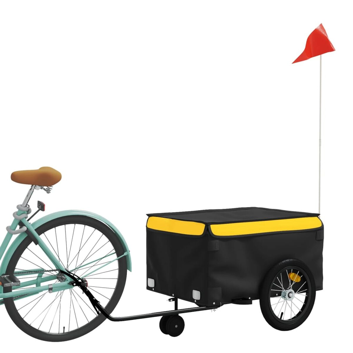 Ein Fahrrad zieht einen schwarz-gelben Tieranhänger mit roter Flagge.