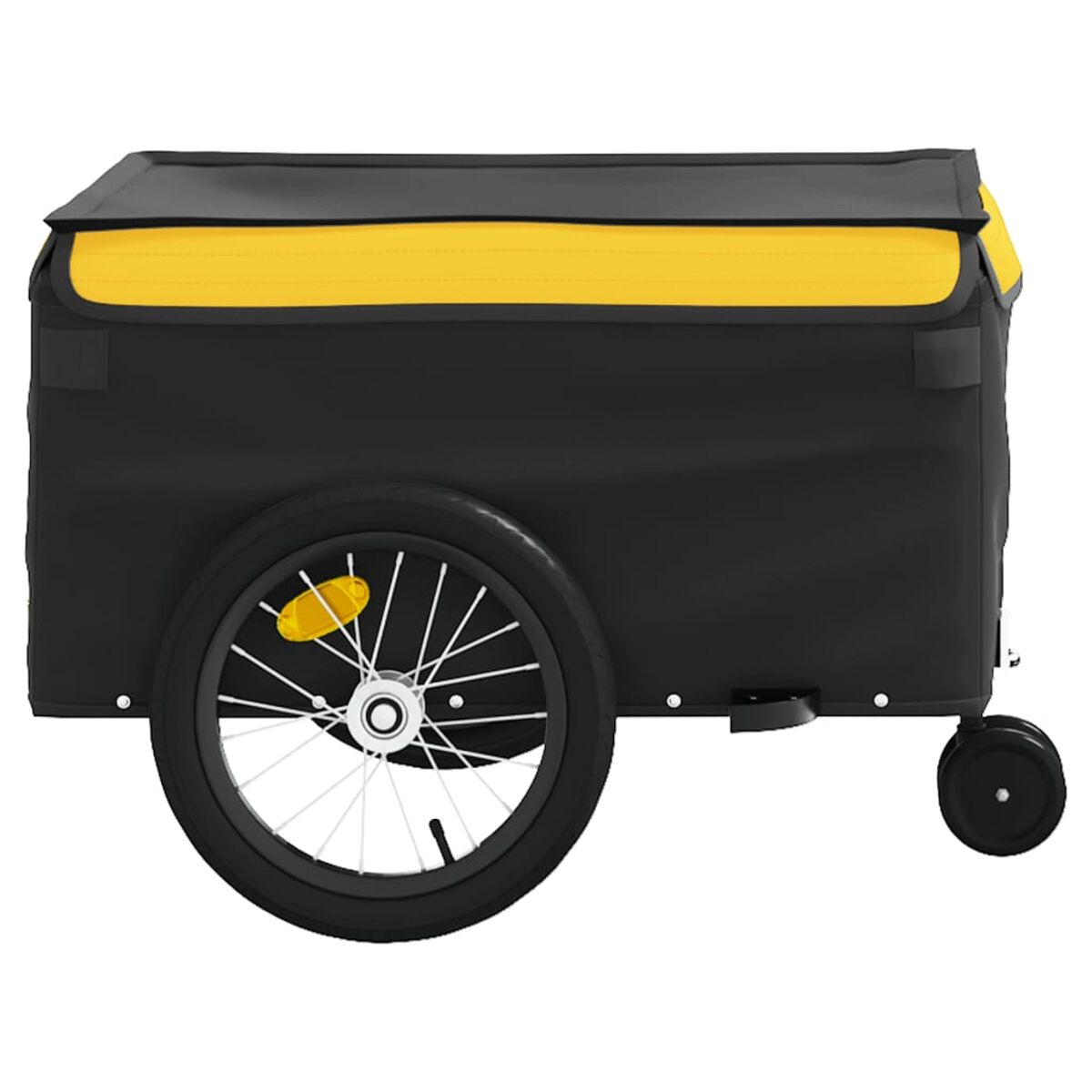 Ein schwarzer und gelber Fahrradanhänger mit einem Rad und einem schwarzen Dach.