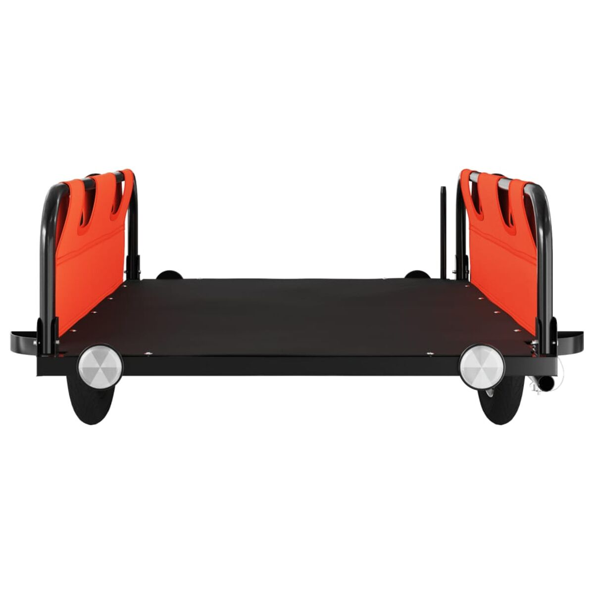 Ein schwarzer Wagen mit zwei orangefarbenen Seitenteilen, zwei Rädern und silbernen Akzenten auf weißem Hintergrund.