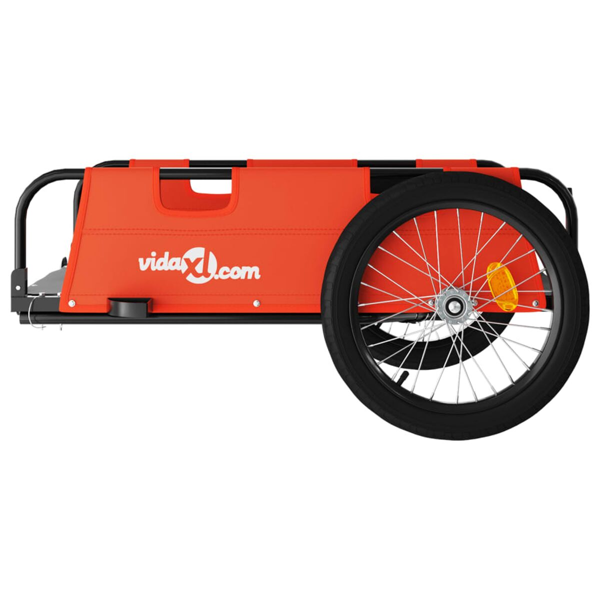 Oranger Fahrradanhänger mit schwarzem Rad und Reifen. Seitenansicht. 'vidaXL.com' ist auf der Seite aufgedruckt.