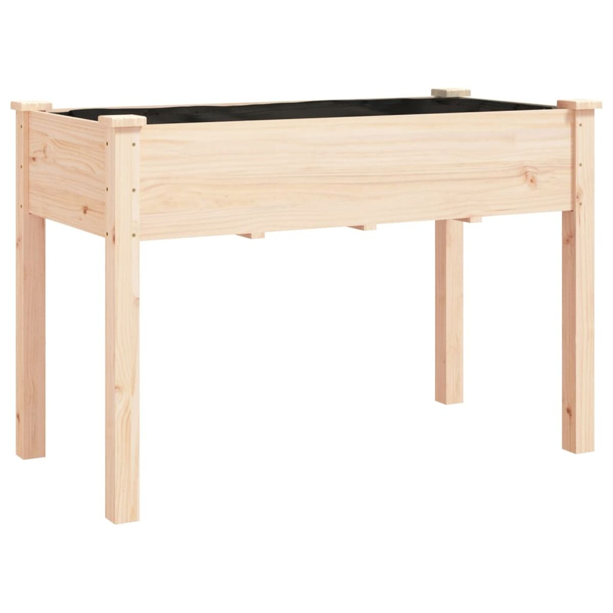 Ein rechteckiges Hochbeet aus Holz mit schwarzem Stoff im Inneren.