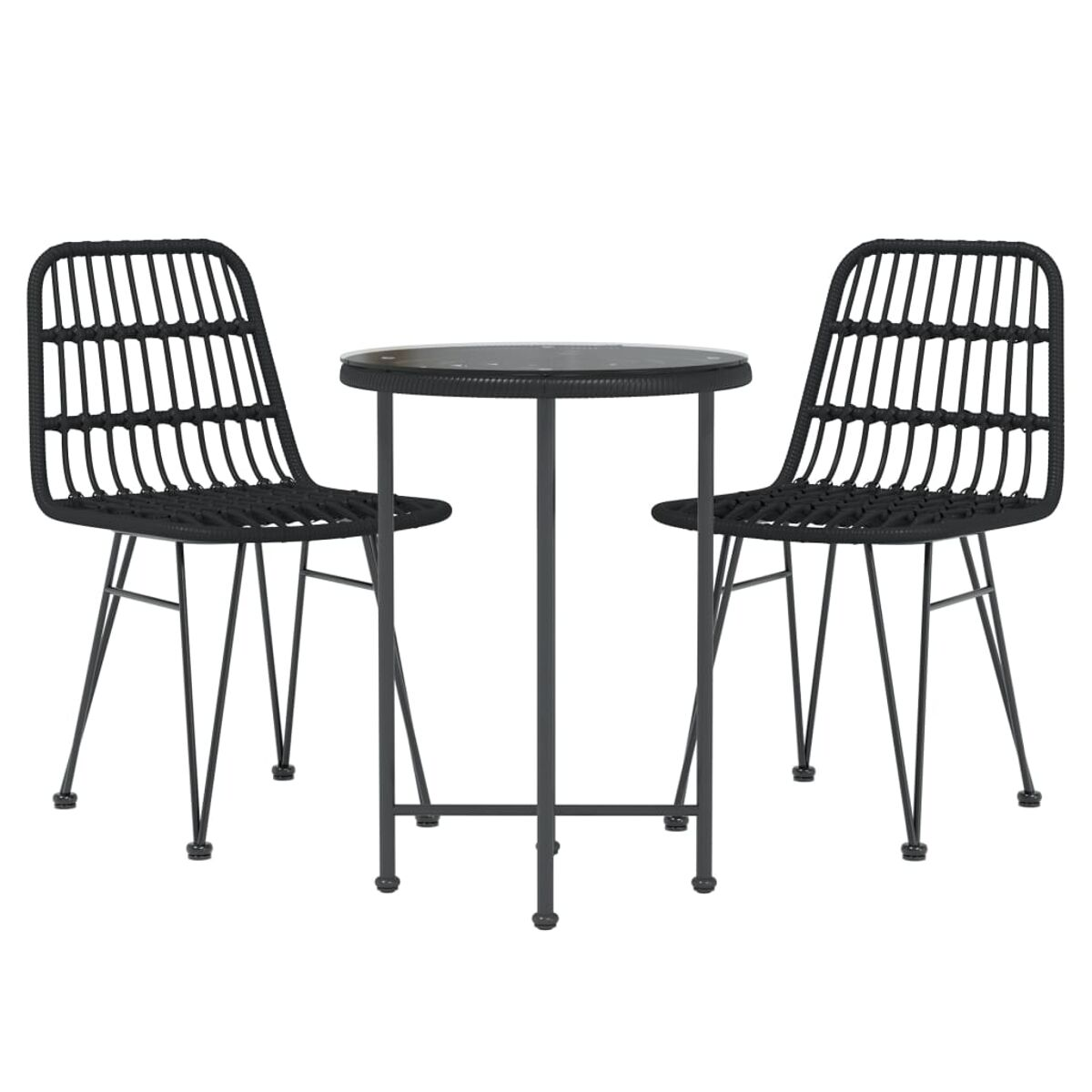 Schwarzes Stuhl- und Tisch-Set. Korbstühle, runder Tisch mit dunkler Platte und Metallbeinen.