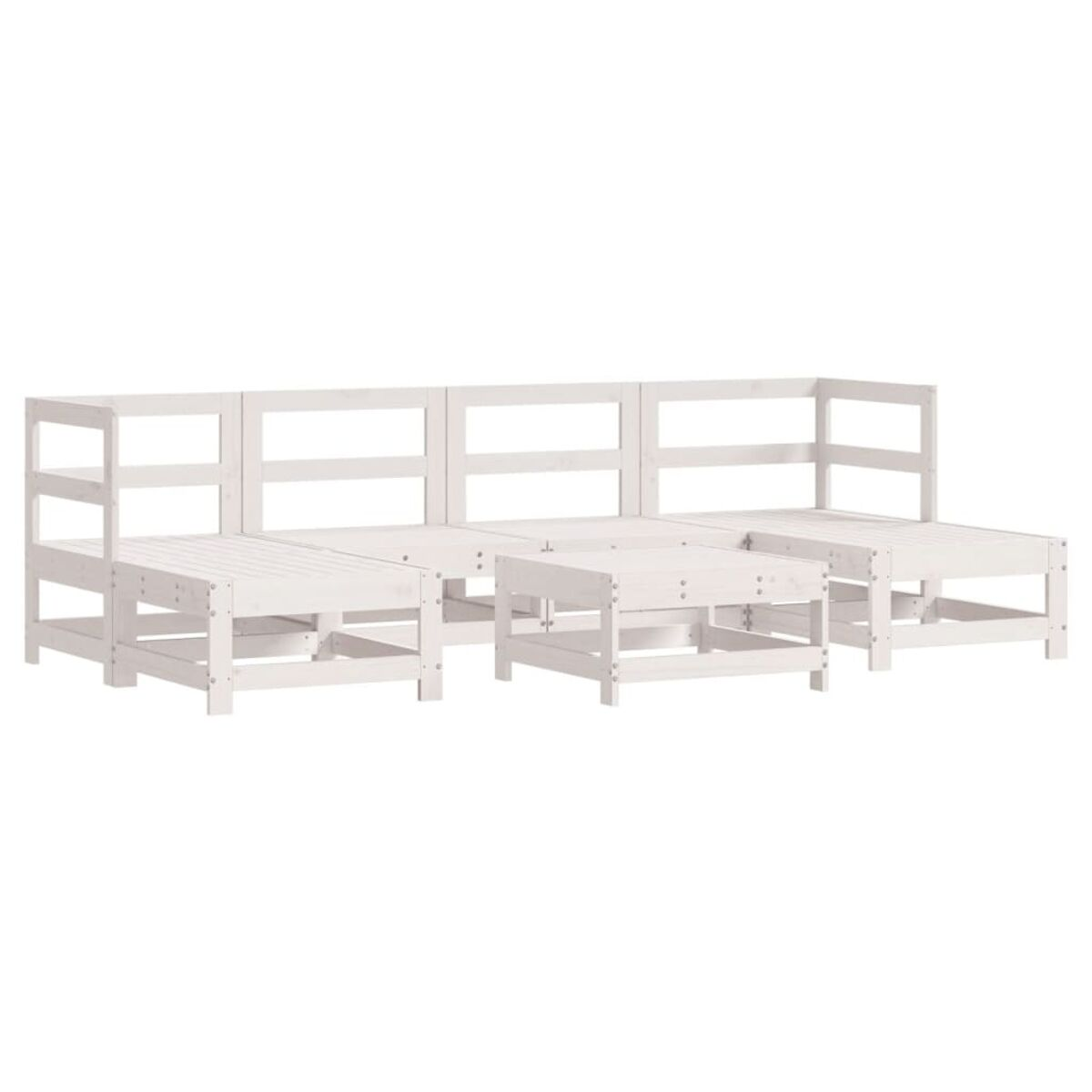 Ein modulares weißes Holzsofa-Set mit einem Couchtisch.