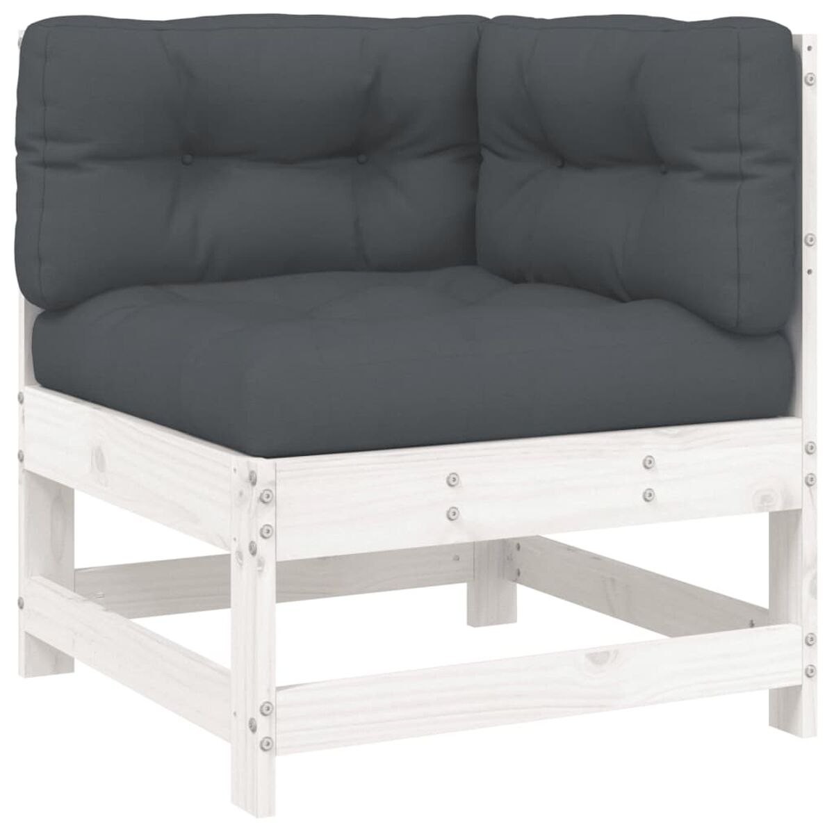 Weißes Ecksofa mit dunkelgrauen Kissen. Holzrahmen.