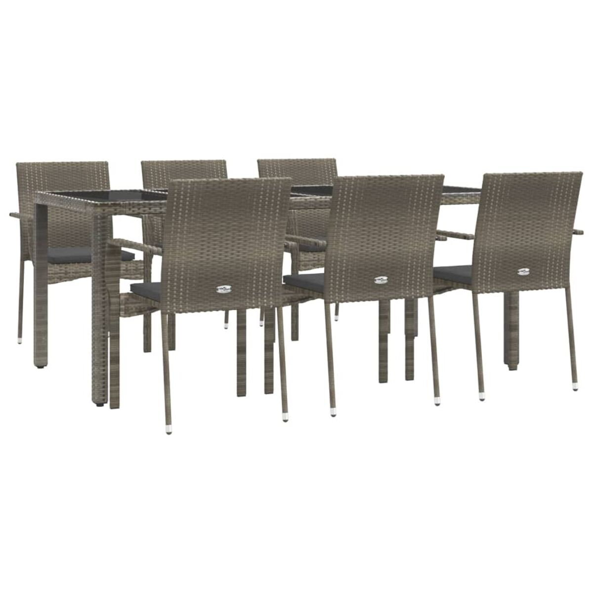 Ein Esstisch-Set mit 8 Rattanstühlen. Der Tisch hat eine Glasplatte. Die Stühle haben dunkelgraue Kissen.