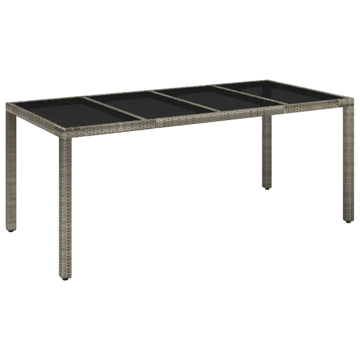 Ein rechteckiger Outdoor-Tisch mit Glasplatte. Das Gestell ist grau und aus gewebtem Material.