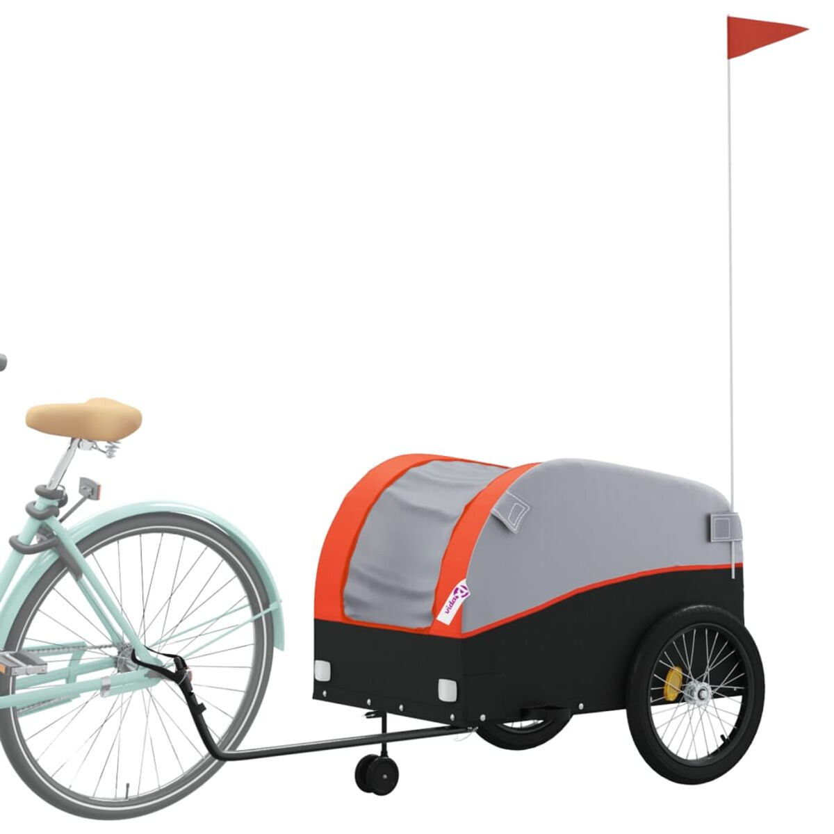 Fahrrad mit Anhänger. Anhänger grau, schwarz und rot mit Fahne.