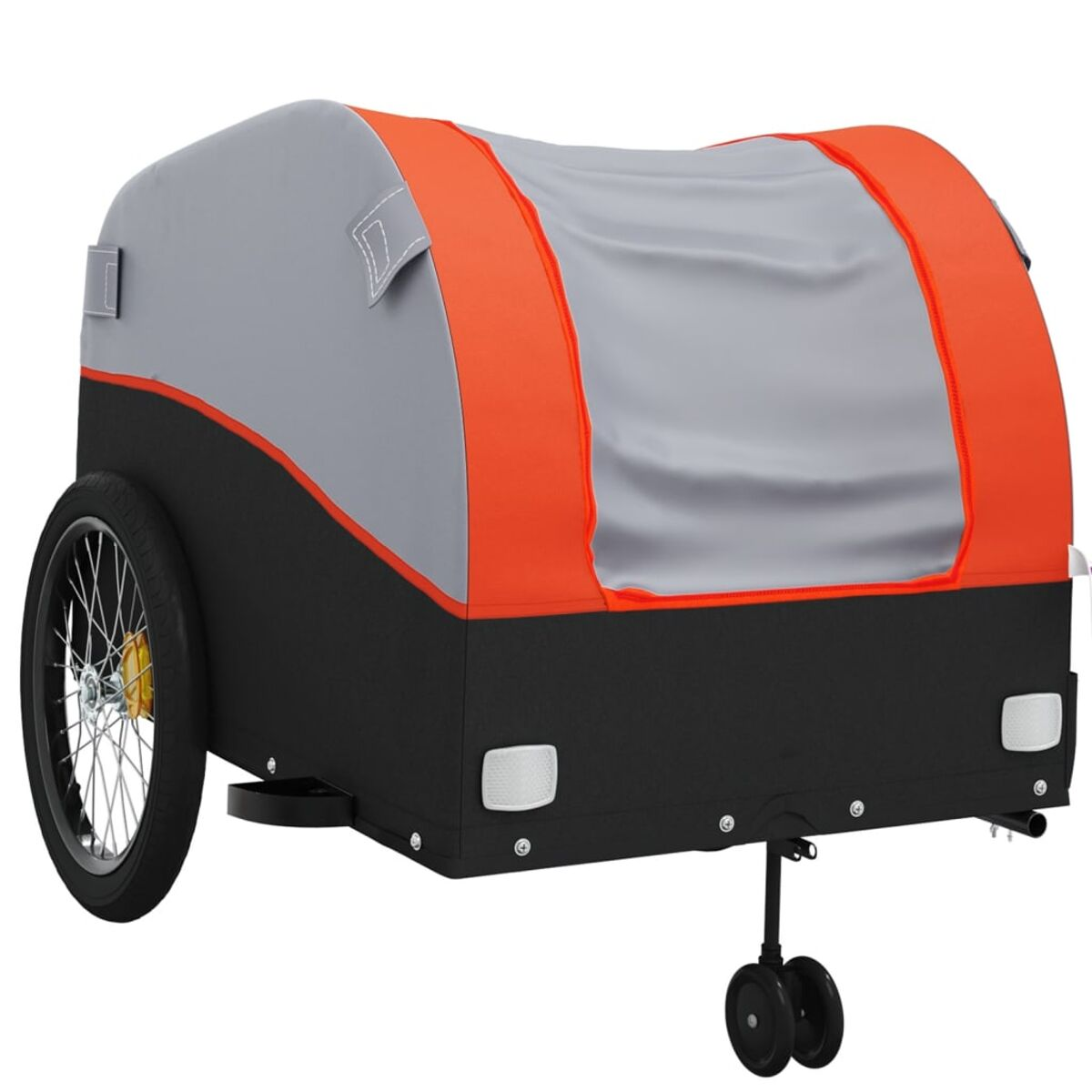 Ein Fahrradanhänger mit schwarz-grauem Aufbau und orangefarbenen Akzenten. Der Anhänger hat ein Rad.